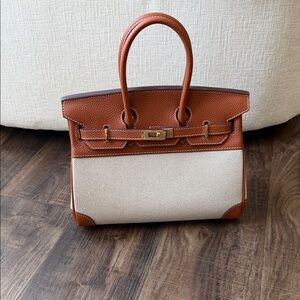 Leather-Trim Canvas Satchel in Brown and Cream